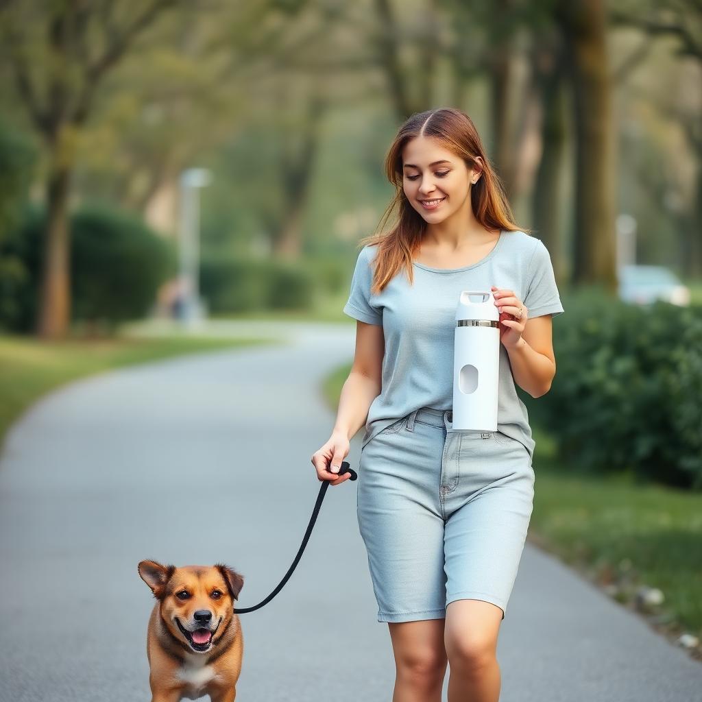 Persona paseando a su perro y sujetando la botella con una sola mano